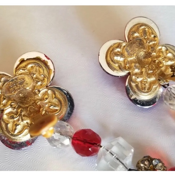 EILEEN FULTON RUBY RED CRYSTAL LUCITE RHINESTONE DANGLE CLIP EARRINGS - Picture 2 of 5